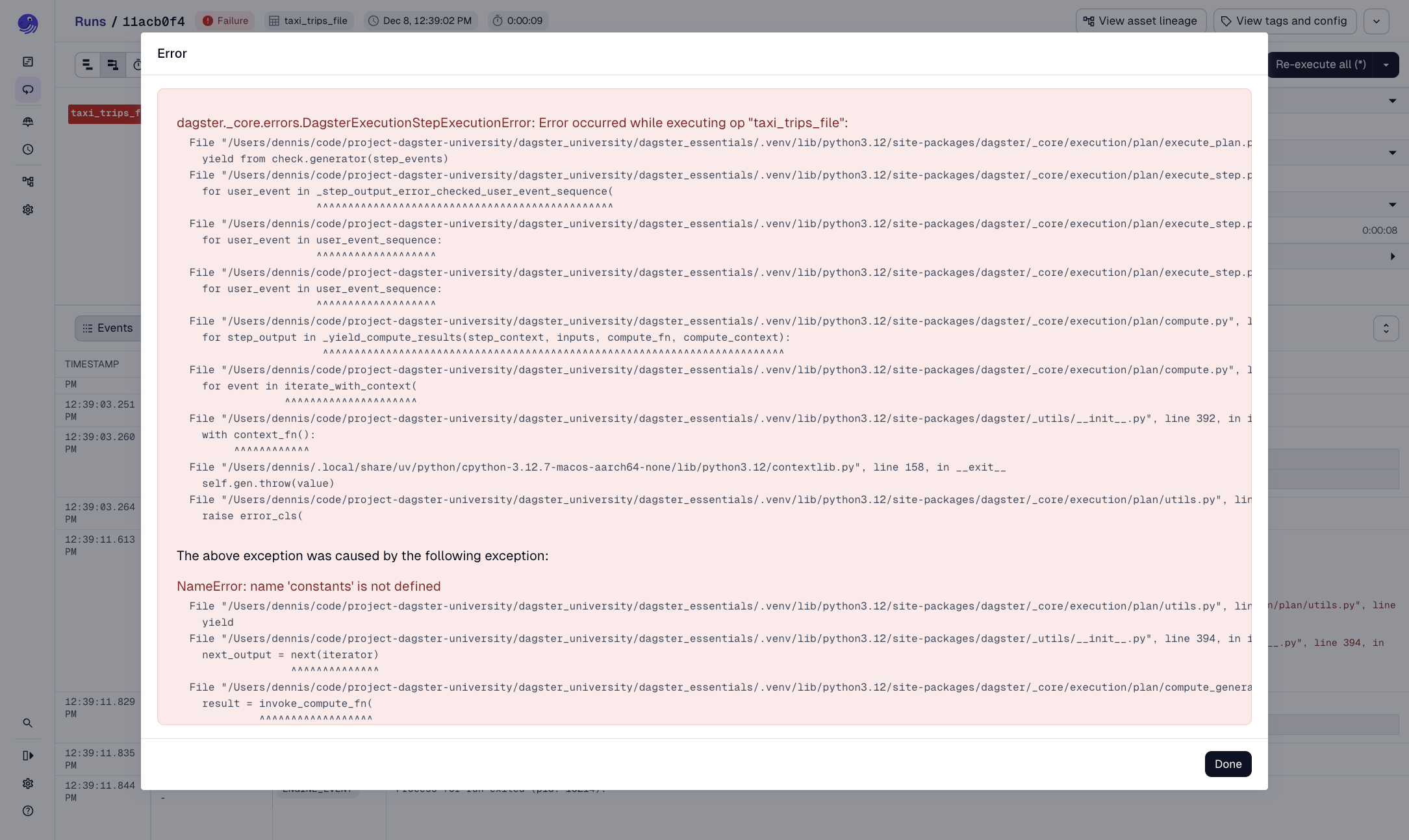 Full stacktrace error displayed in the Dagster UI after clicking  View full message in the Run logs