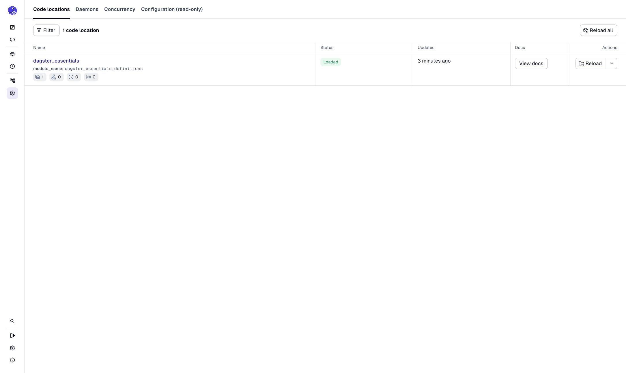 The Code locations tab in the Dagster UI, showing the project's dagster_essentials code location